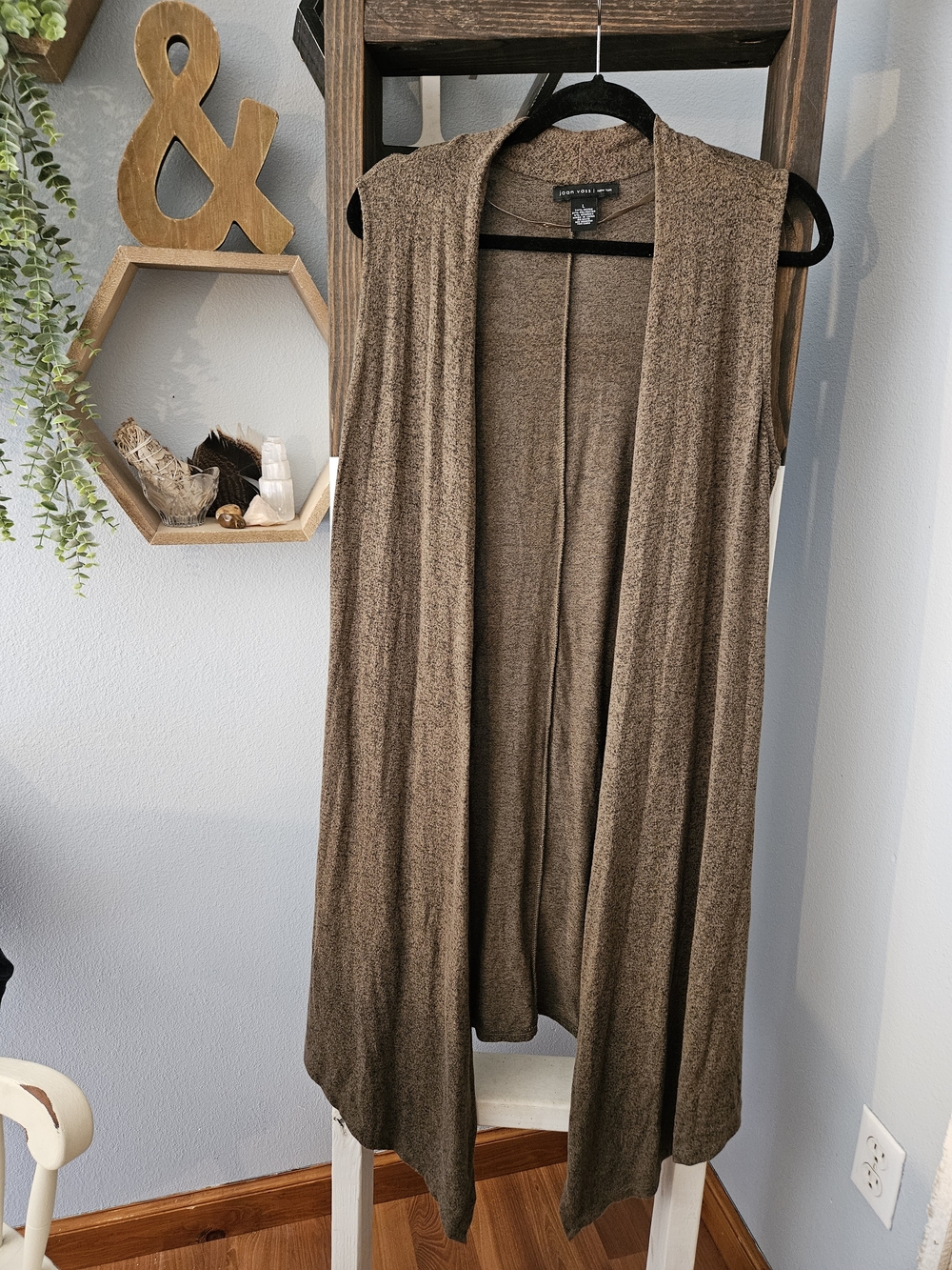 Joan Vass Long Sleeveless Open Front Cardigan Vest in Heathered Brown Size Large